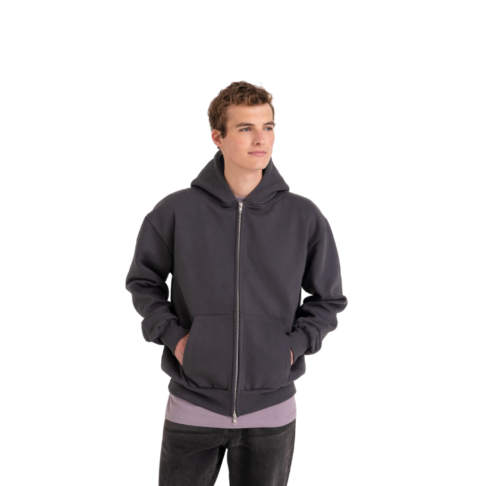 Male model wearing a zip up hoodie